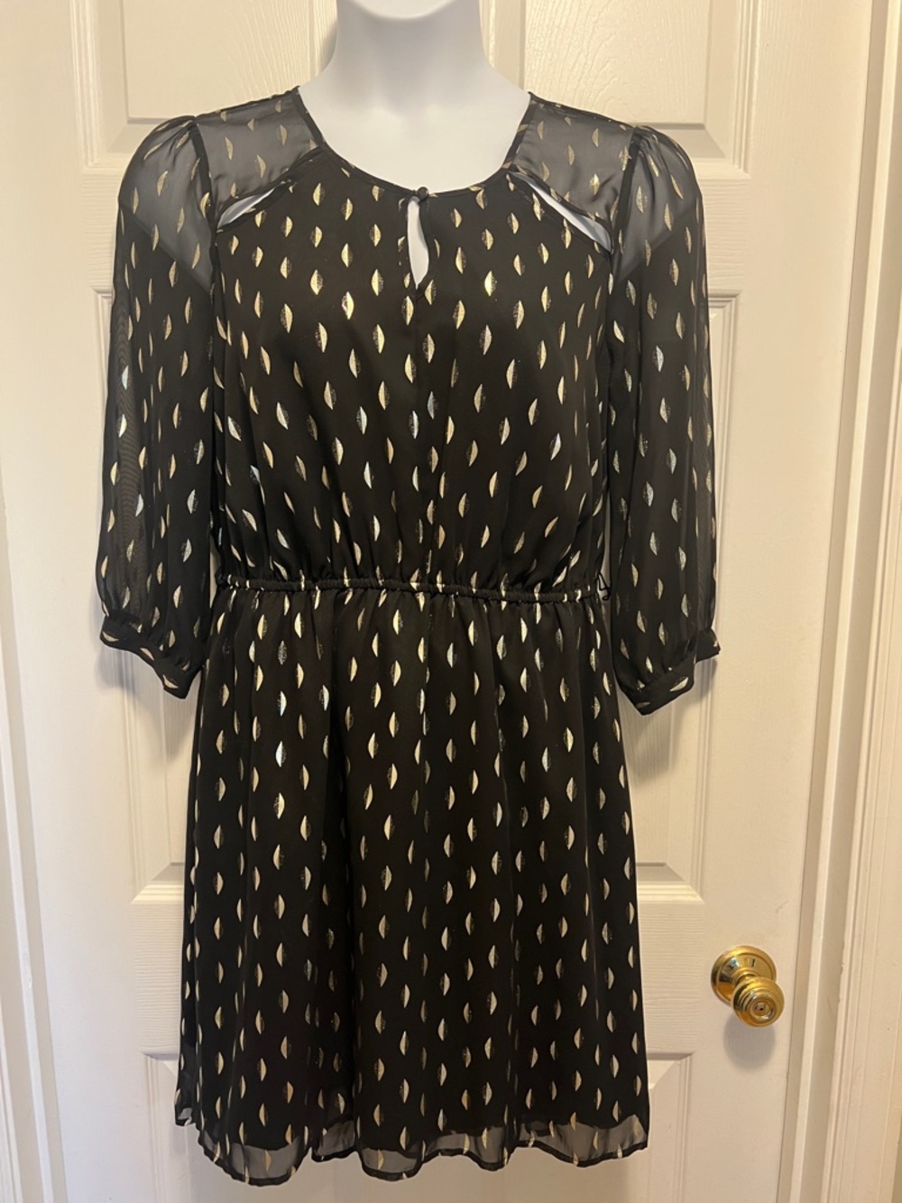 Black Sheer Sleeve Fit-and-Flare Dress with Gold Leaf Print